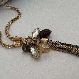 NY Vintage Gold Tone Tassel Necklace Mixed Bead Charms Rope Chain 31-34 inch